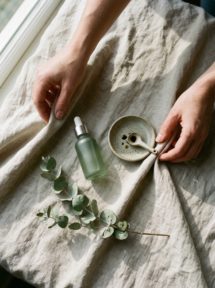 Kampagnenmotiv: Überkopf-Flatlay auf Leinen, eine Hand richtet das Tuch, daneben Serumflasche, Keramikschale und Eukalyptus, KI-generiert