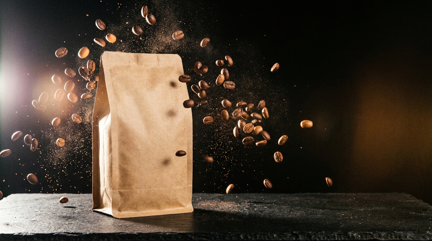 Kaffee-Kampagnenmotiv: Bohnen im Sprung, KI-generiert