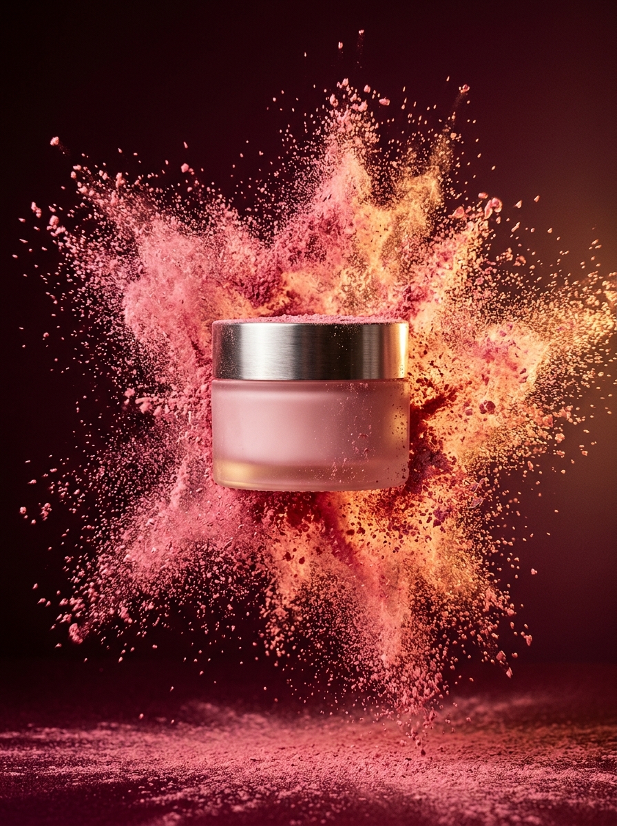 Beauty-Kampagnenmotiv: rosa Pigment-Explosion um den Cremetiegel, KI-generiert