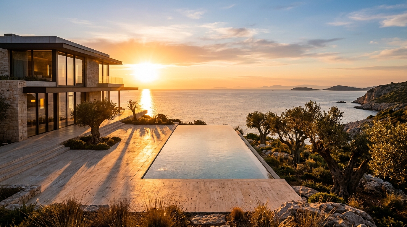 Hotellerie-Kampagnenmotiv: Villa mit Infinity-Pool zur goldenen Stunde, KI-generiert