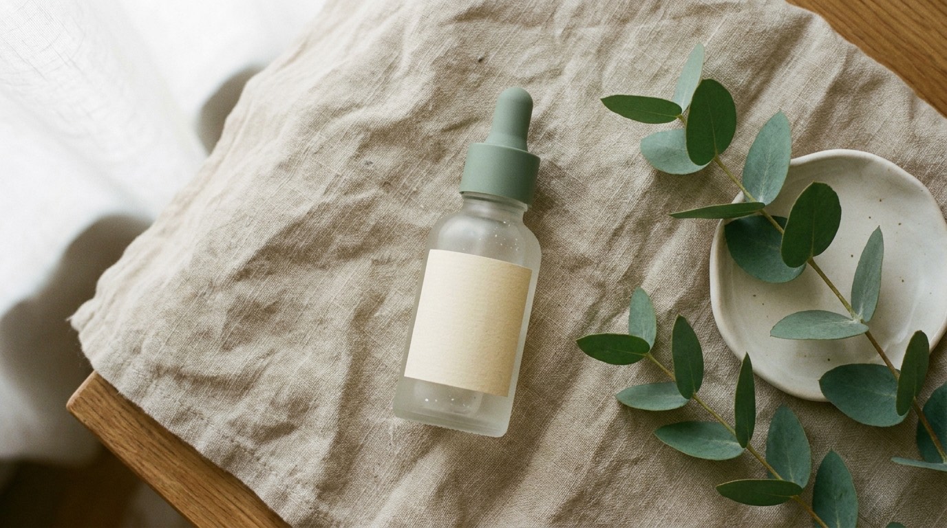Kampagnenmotiv: Serum-Flat-Lay auf Leinen mit Eukalyptus, KI-generiert